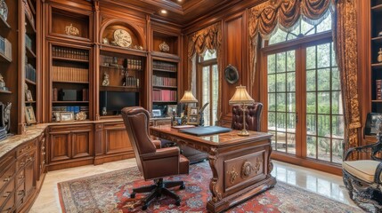Luxury study room with custom-made desk, high-back leather chair, intricate woodwork, marble flooring, and opulent decor