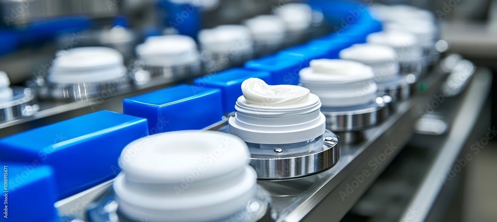 Poster automated production line for cosmetic cream filling, close up view in factory setting