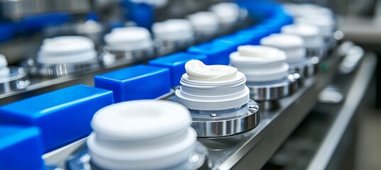 Obraz premium Automated Production Line for Cosmetic Cream Filling, Close Up View in Factory Setting