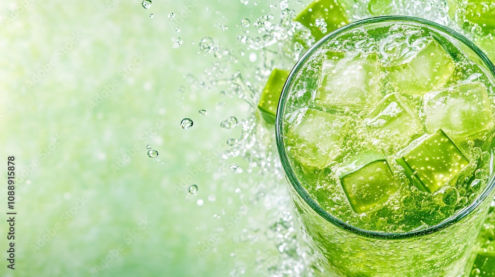 Poster 45-degree topview Isolated on background a refreshing aloe vera soda with translucent aloe juice layered under sparkling soda topped with aloe cubes splashing gently on a light green background with
