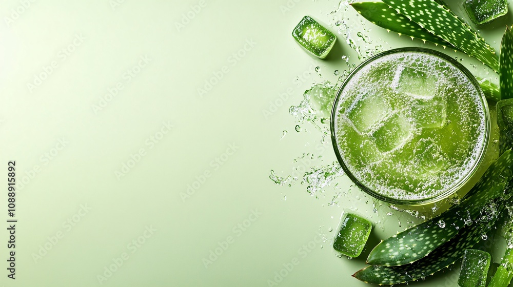 Aufkleber 45-degree topview isolated on background a refreshing aloe vera soda with translucent aloe juice lay