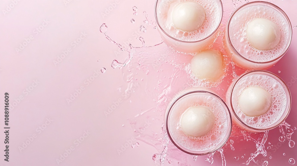 Poster 45-degree topview isolated on background a creamy lychee soda with pale pink juice layered beneath f