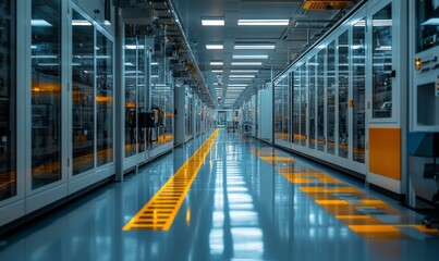 Inside view of a high-tech microchip manufacturing facility, technology, semiconductor, factory