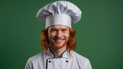 Portrait of a chef. Handsome smiling man in a chef's hat on a plain background. Haute cuisine