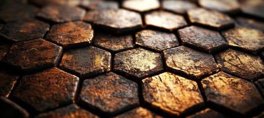 Naklejka premium Gold Metallic Honeycomb Texture Background. Shiny Irregular Blocks Grid Pattern, Close-up View.
