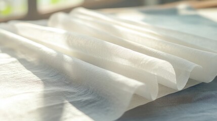 Obraz premium Smooth sheets of tissue laid out on a white table, with soft light revealing texture.