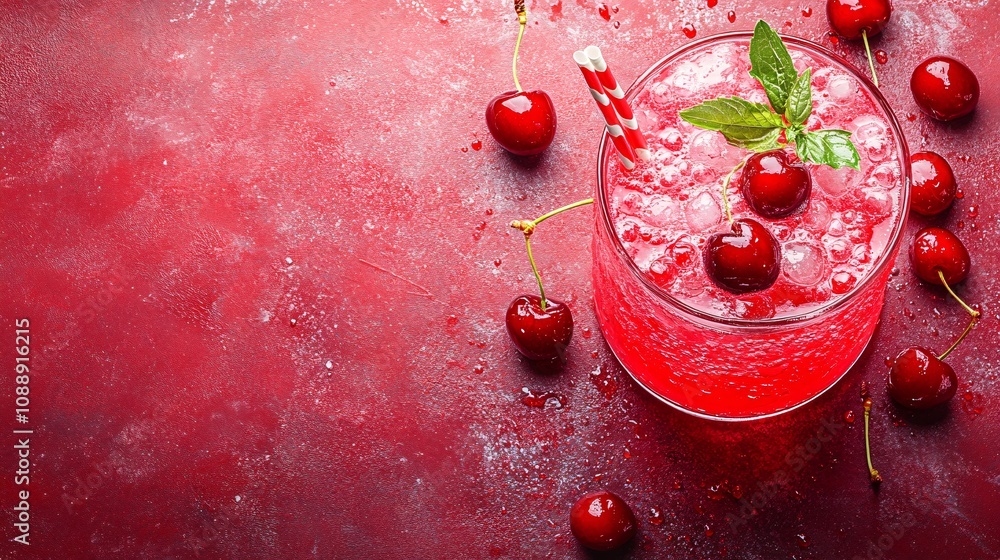 Aufkleber 45-degree topview Isolated on background a bold cherry soda with rich red juice layering beneath fizzy soda topped with cherries creating a lively splash on a matching red background with side empty