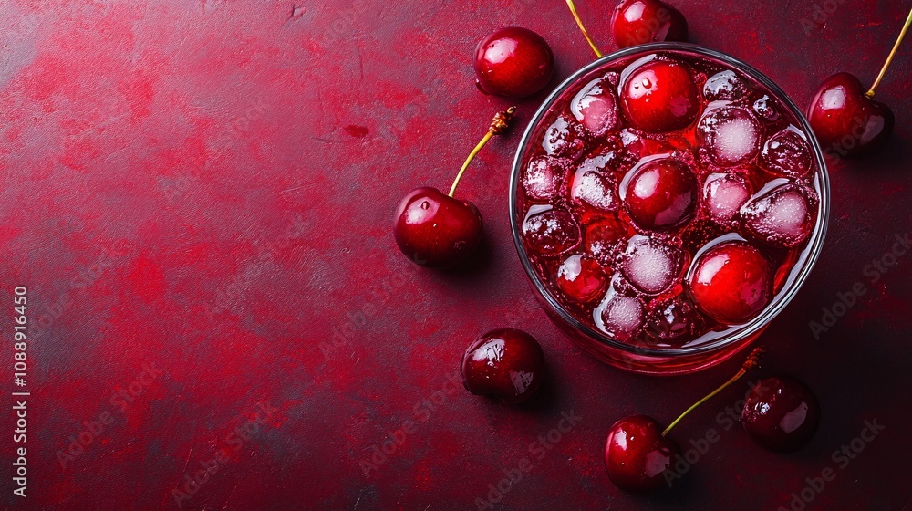 Poster 45-degree topview Isolated on background a bold cherry soda with rich red juice layering beneath fizzy soda topped with cherries creating a lively splash on a matching red background with side empty