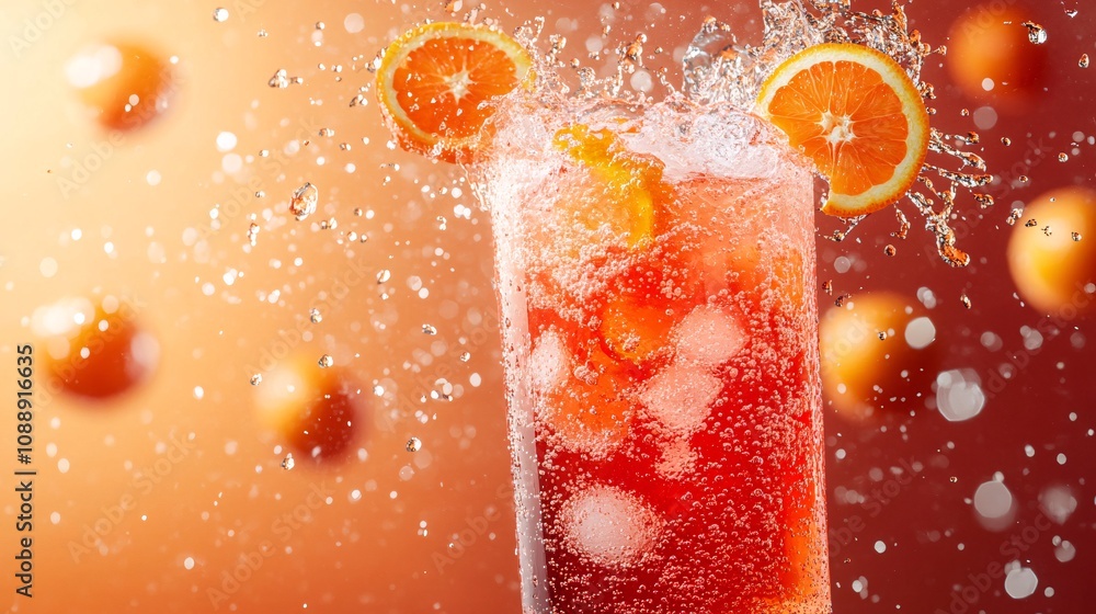 Poster 45-degree topview Isolated on background a vibrant tangerine soda with bright orange juice layered beneath sparkling soda topped with tangerine slices splashing energetically on a cheerful orange