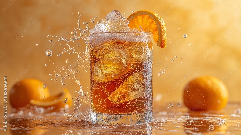 Poster 45-degree topview isolated on background a vibrant tangerine soda with bright orange juice layered b