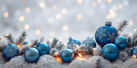 Christmas background with ornaments, pine cones, presents. Christmas background