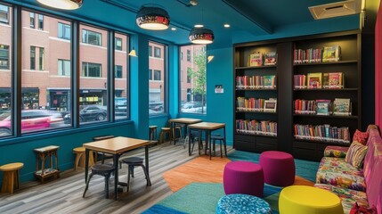 Fototapeta premium Cozy and Colorful Reading Corner with Bookshelves and Vibrant Furniture in a Modern Urban Library Space