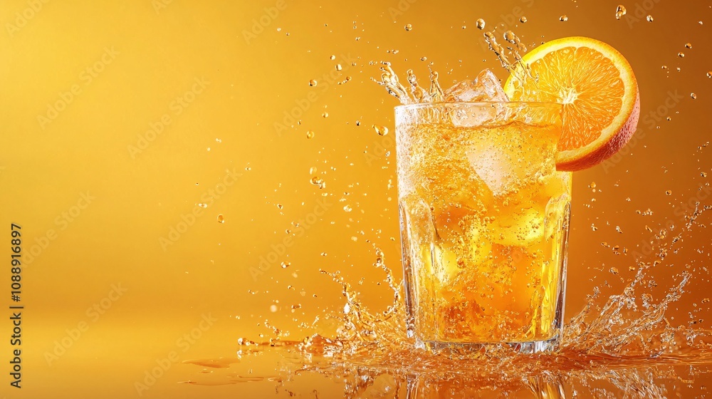 Poster 45-degree topview Isolated on background a vibrant tangerine soda with bright orange juice layered beneath sparkling soda topped with tangerine slices splashing energetically on a cheerful orange