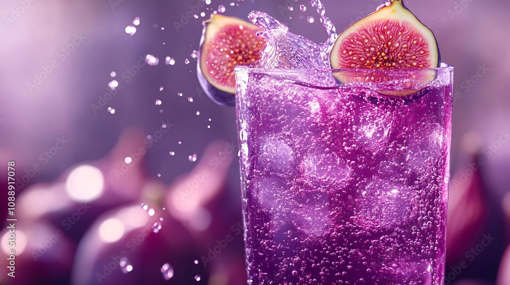 Fototapete 45-degree topview Isolated on background a rich fig soda with dark purple juice layering under fizzy soda topped with fresh figs splashing gently on a soft violet background with side empty space for