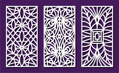 Set of three rectangular panels. Decorative element with a geometric pattern of lines. Openwork ornament. Ratio 2:1. Template for plotter laser cutting of paper, wood carving, metal engraving, cnc.