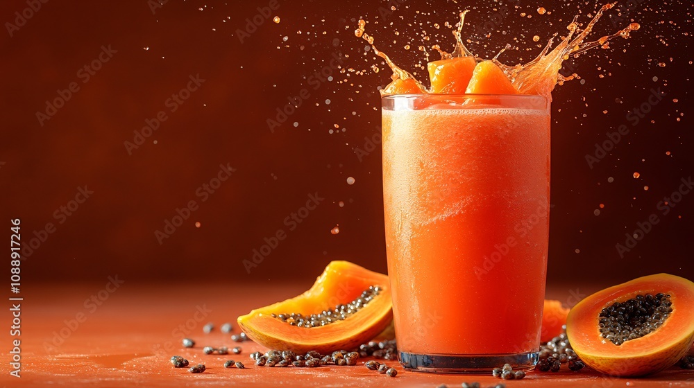 Poster 45-degree topview Isolated on background a tropical papaya soda with golden orange juice layering beneath sparkling soda topped with papaya chunks splashing vibrantly on a matching orange background