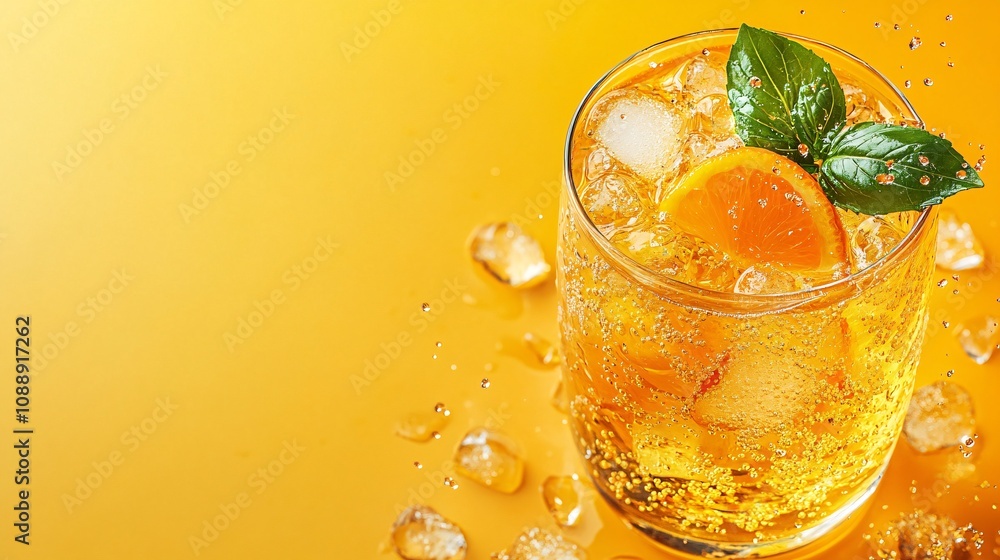 Poster 45-degree topview isolated on background a tropical papaya soda with golden orange juice layering be