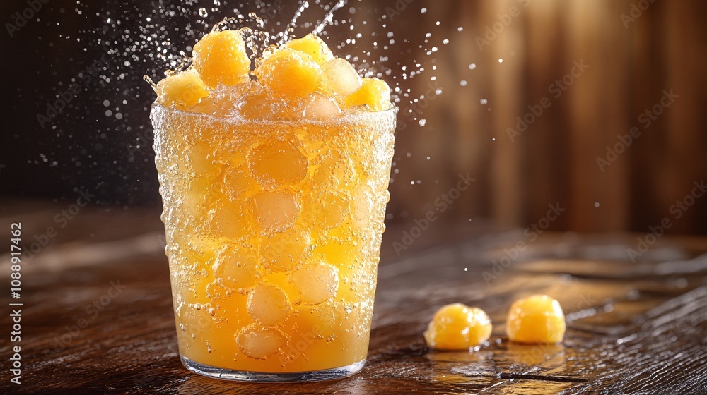 Poster 45-degree topview isolated on background a tropical papaya soda with golden orange juice layering be