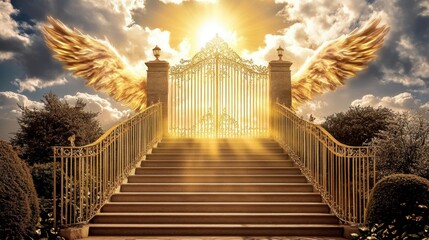 Fototapeta premium Stairway of light leading to a magnificent golden gate, surrounded by angelic clouds and warm sunlight.