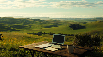 Outdoor desk on a hilltop with laptop notebook and mug overlooking vast green fields creating focus in nature Copy space
