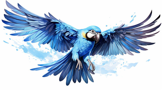 blue parrot in flight, isolated on a white background with a blue macaw print