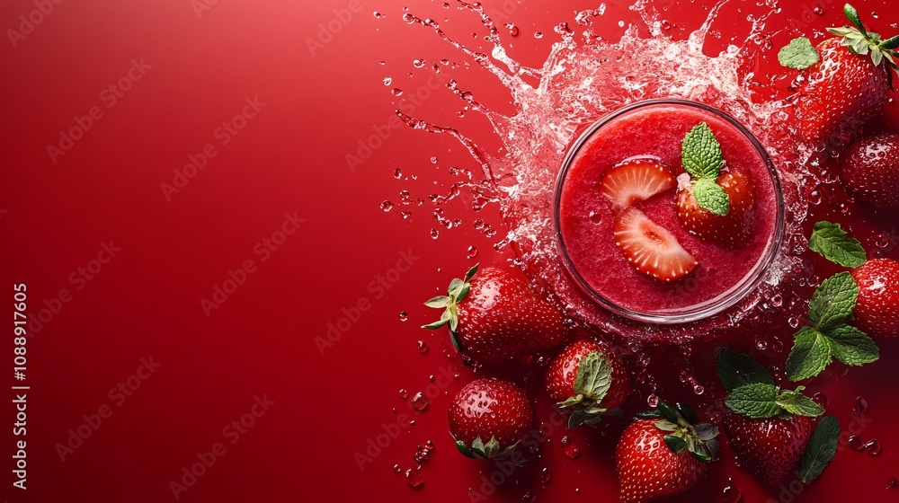 Poster 45-degree topview Isolated on background a vibrant strawberry smoothie in a clear glass splashing dramatically with fresh strawberries and mint leaves scattered around on a matching red background