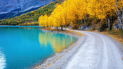 Obraz premium picturesque autumn scene featuring tranquil body of water and vibrant yellow trees