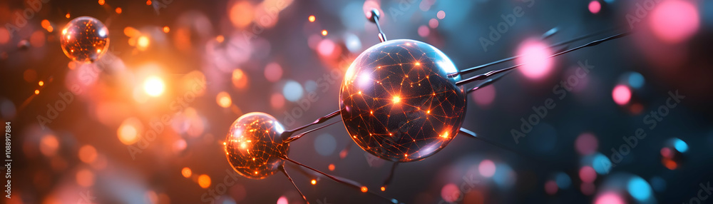 Poster abstract 3d render of interconnected glowing spheres with network connections