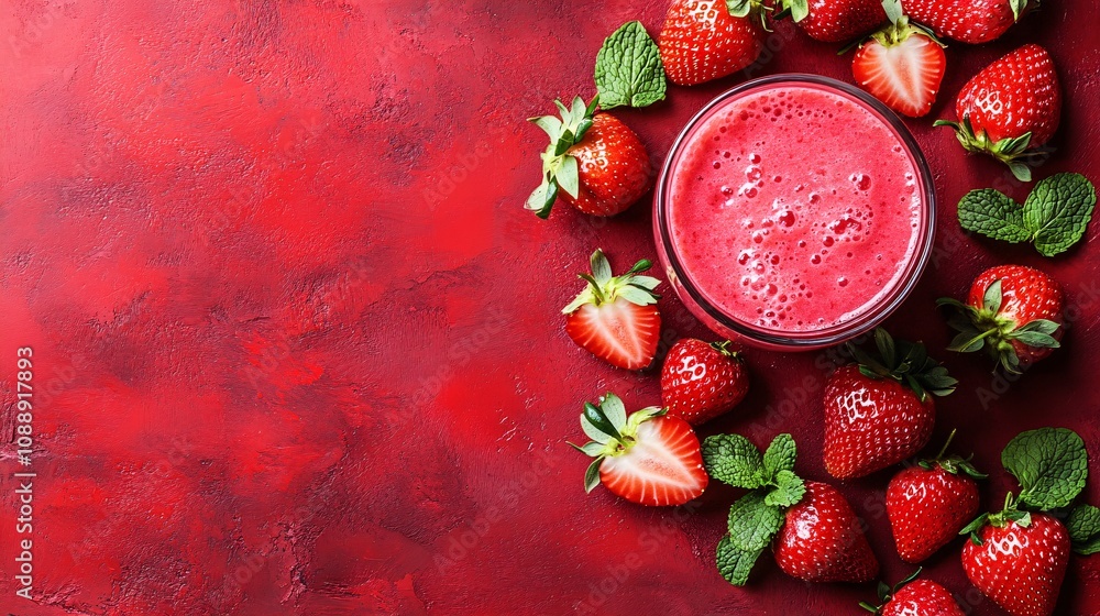 Poster 45-degree topview isolated on background a vibrant strawberry smoothie in a clear glass splashing dr