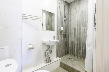 interior apartment room bathroom, sink, decorative elements, toilet. WC, sanitary unit, wash room