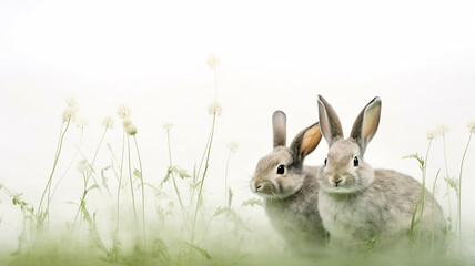 Obraz premium rabbit, Easter spring greeting, young green grass on a white background of nature, wild animal in the field