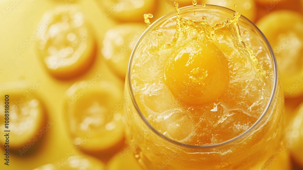 Poster 45-degree topview isolated on background a tropical mango smoothie with a bright yellow splash risin