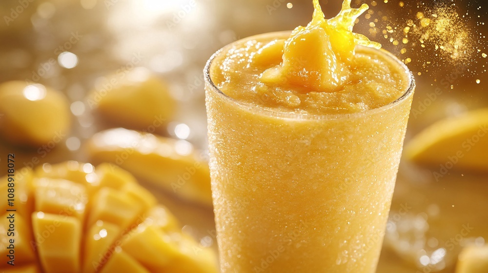 Poster 45-degree topview Isolated on background a tropical mango smoothie with a bright yellow splash rising from the glass surrounded by mango slices on a golden yellow background with side empty space for