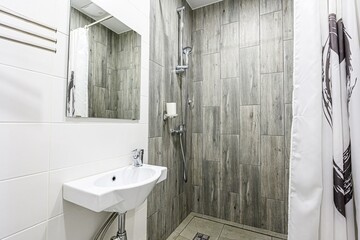 interior apartment room bathroom, sink, decorative elements, toilet. WC, sanitary unit, wash room