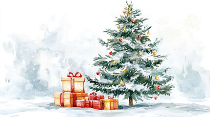 Watercolor chrsitmas tree with presents on white background