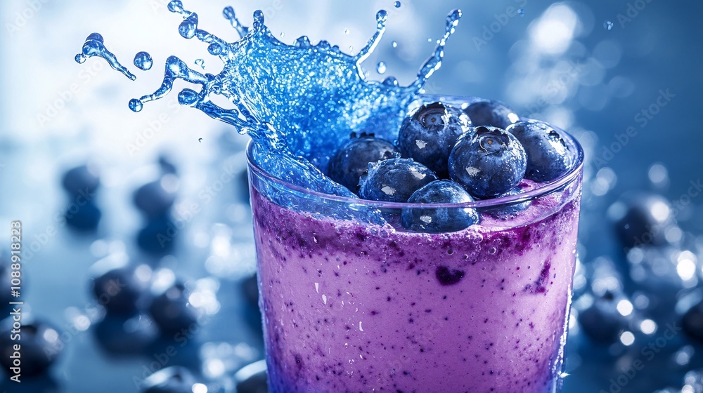 Poster 45-degree topview Isolated on background a refreshing blueberry smoothie with a deep blue splash captured mid-air garnished with fresh blueberries on a rich blue background with side empty space for