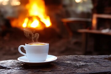 Fototapeta premium Cozy Morning Ritual: Enjoying Coffee by the Fireplace
