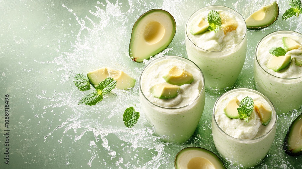 Poster 45-degree topview Isolated on background a creamy avocado smoothie splashing in a vibrant green motion with avocado slices and mint leaves on a soft green background with side empty space for text