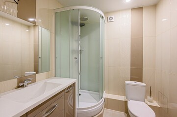 interior apartment room bathroom, sink, decorative elements, toilet. WC, sanitary unit, wash room