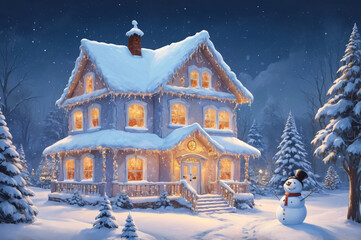 Naklejka premium Cozy Snow-Covered House Illuminated on a Winter Night