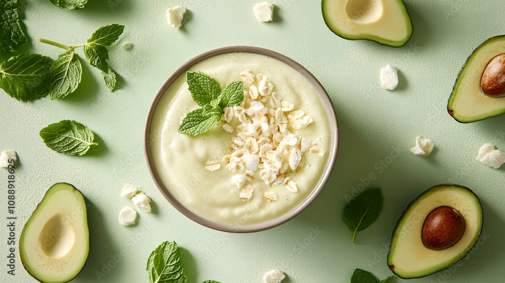 Leinwandbilder 45-degree topview Isolated on background a creamy avocado smoothie splashing in a vibrant green motion with avocado slices and mint leaves on a soft green background with side empty space for text