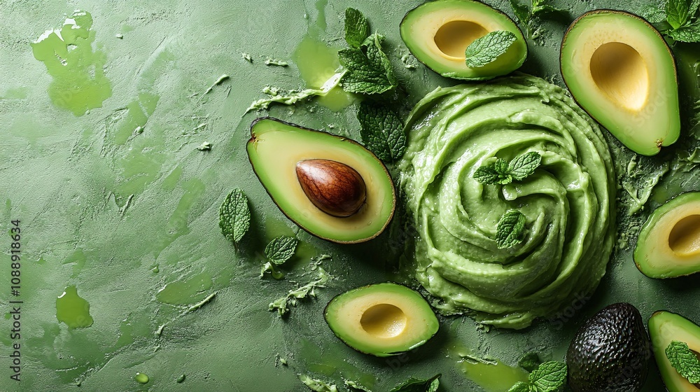 Fototapete 45-degree topview Isolated on background a creamy avocado smoothie splashing in a vibrant green motion with avocado slices and mint leaves on a soft green background with side empty space for text