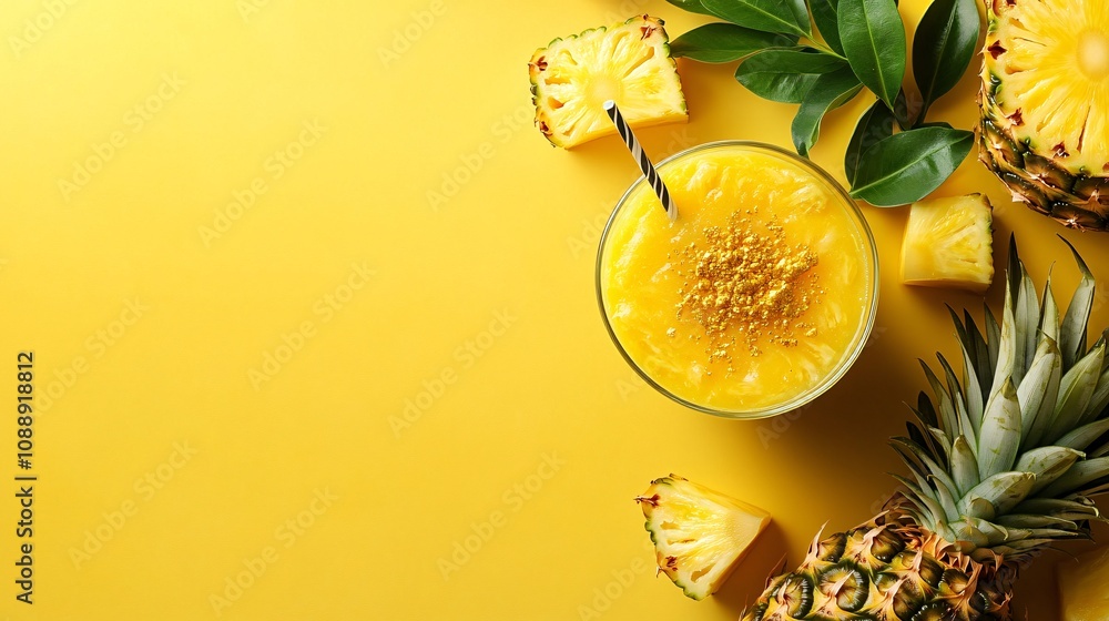 Poster 45-degree topview Isolated on background a tropical pineapple smoothie with a golden splash complemented by pineapple chunks and leaves on a bright yellow background with side empty space for text