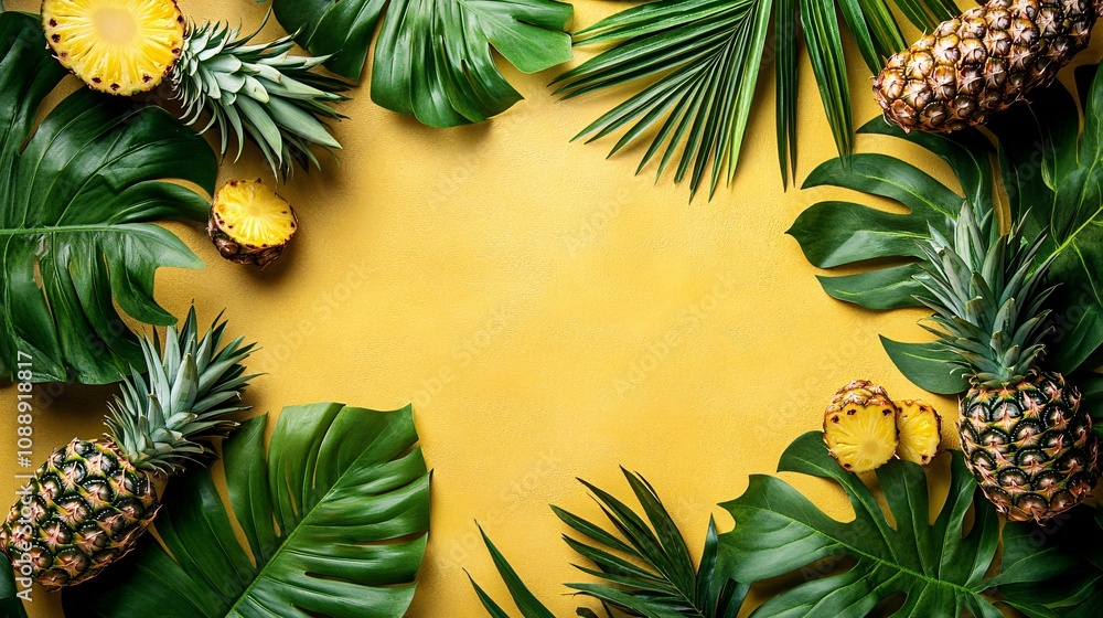 Fototapete 45-degree topview Isolated on background a tropical pineapple smoothie with a golden splash complemented by pineapple chunks and leaves on a bright yellow background with side empty space for text