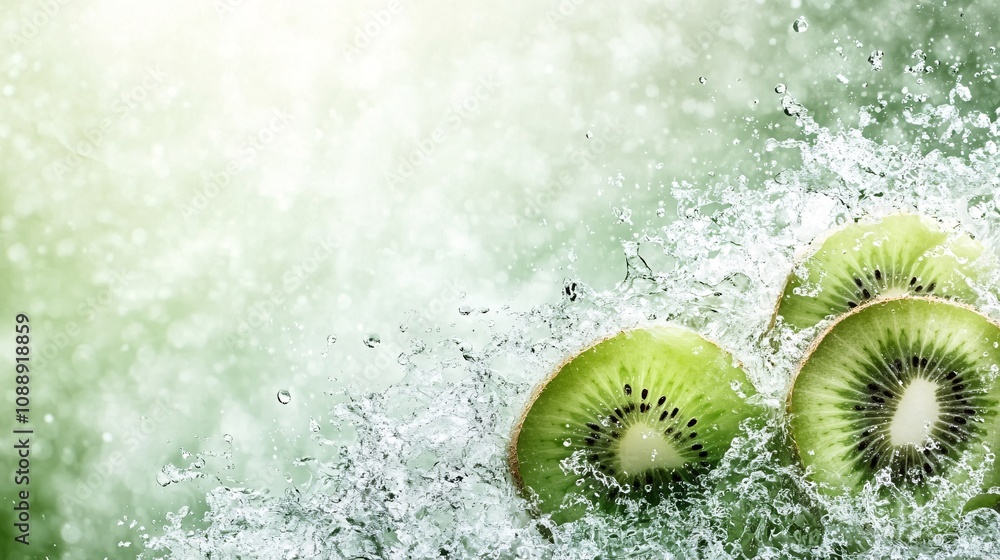 Fototapete 45-degree topview Isolated on background a vibrant kiwi smoothie with a splash of green highlighting fresh kiwi slices on a light green background with side empty space for text Stockphoto style