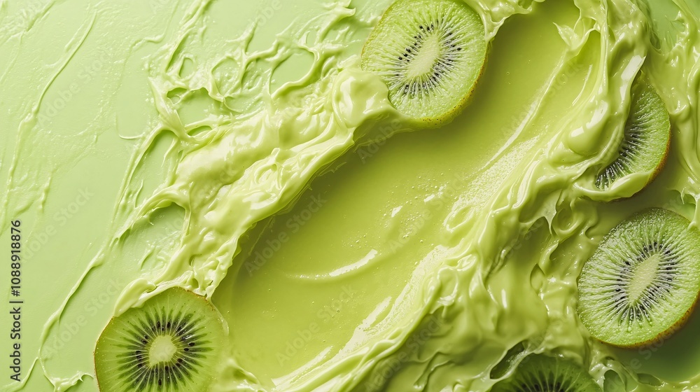 Poster 45-degree topview Isolated on background a vibrant kiwi smoothie with a splash of green highlighting fresh kiwi slices on a light green background with side empty space for text Stockphoto style