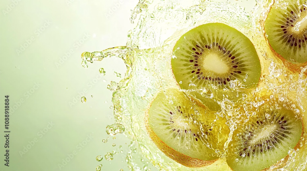 Fototapete 45-degree topview Isolated on background a vibrant kiwi smoothie with a splash of green highlighting fresh kiwi slices on a light green background with side empty space for text Stockphoto style
