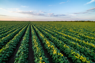 Beautiful rural landscape of a vast soybean field at sunset