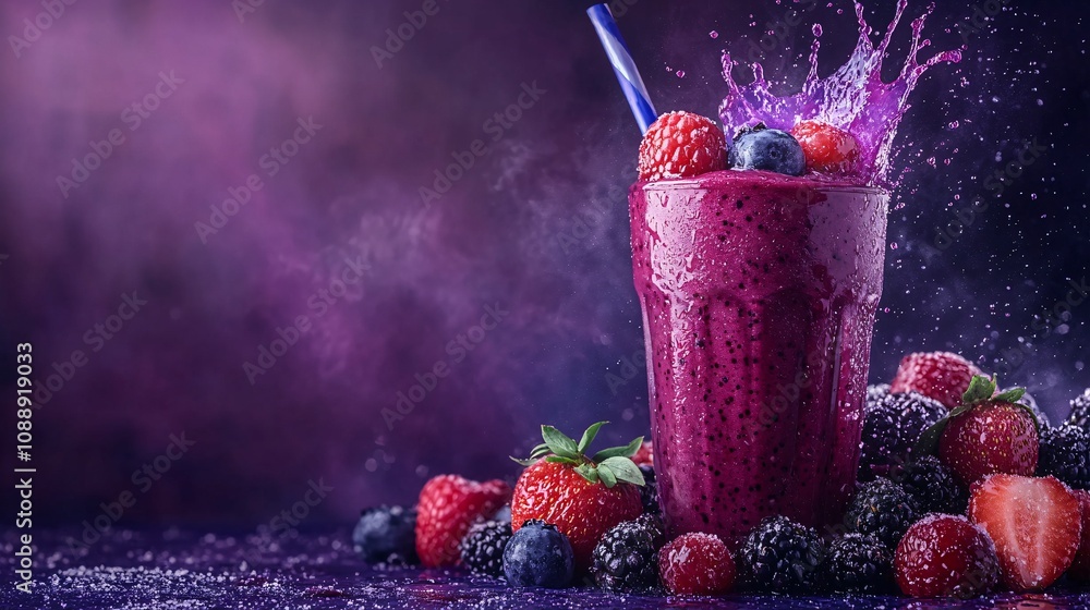 Fototapete 45-degree topview Isolated on background a mixed berry smoothie with a vibrant purple splash surrounded by an assortment of fresh berries on a deep purple background with side empty space for text