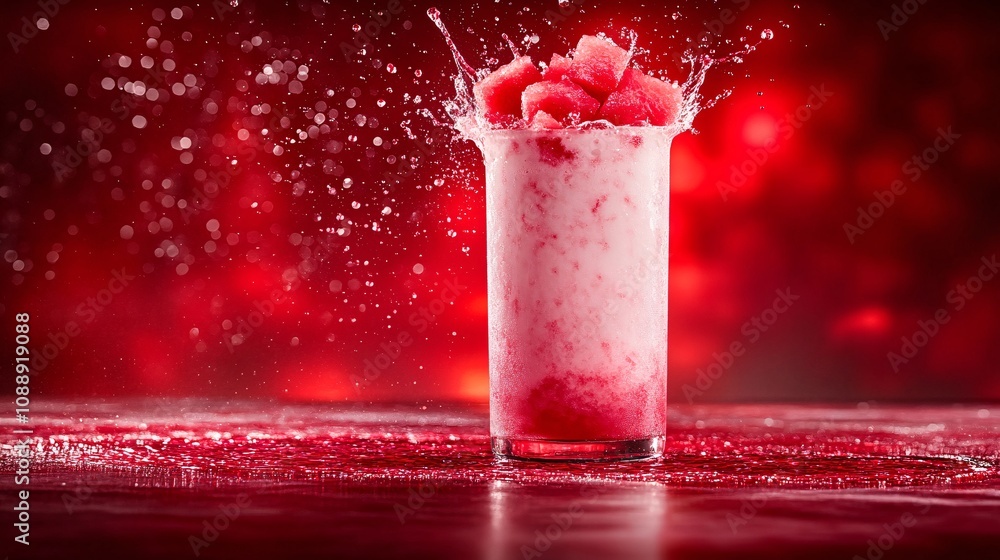 Fototapete 45-degree topview Isolated on background a cool watermelon smoothie splashing dramatically with watermelon chunks on a refreshing red background with side empty space for text Stockphoto style